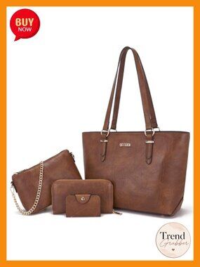 PU Leather Shoulder Bag Tote Satchel Set with Wallet 3pcs Work Travel